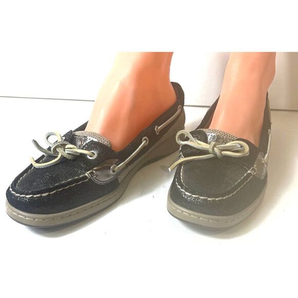 Sperry Top-Sider Black/Brown Leather Women's 8 M Loafer Glitter Bow Slip On Flat - Picture 2 of 11